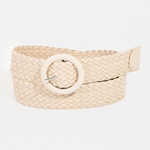 Faux Leather Woven Braided Belt Round Buckle Cream 40"